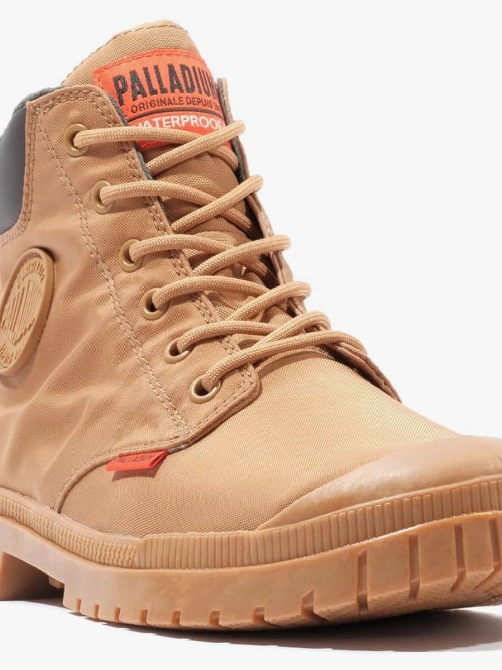 Palladium Men’s Tan Canvas Waterproof Lace-Up Boot with Orange Tag